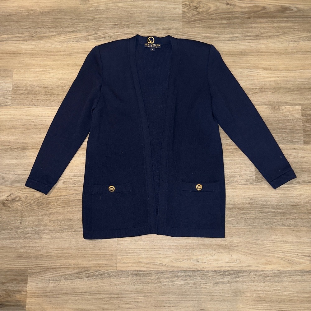 St John Santana Knit Cardigan Navy Open Front Gold Button Pocket‎ M